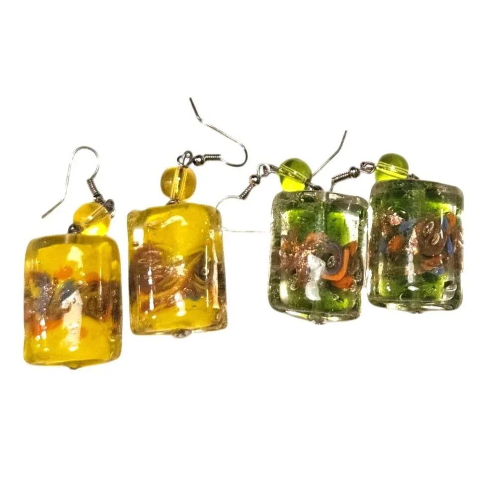 2 Vintage Earrings Hand Blown Art Glass Chunky Dangle With Hook Yellow‎ & Green